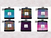 Harris Tweed hip flask in choice of  30 patterns and colours with Orb label handmade in Scotland using handwoven tweed and real leather trim