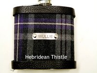 Isle of Skye, Black Watch, Hebridean thistle,Hebridean Heather tartan hip flask with stainless steel engraved tag with name, initials,  date, motto etc. of your choice