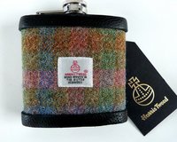 Harris Tweed hip flask blue pink green  with real leather trim made in Scotland  UK