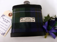 Your family or clan Tartan hip flask with thistle and custom engraved stainless steel tag with any name, date, motto etc.