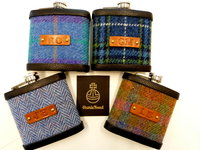 Harris Tweed  Hip Flasks  with initials embossed on black or brown leather labels for Best Man,  Father of Bride or groomsmen, Scottish luxury gift sets of 3-6