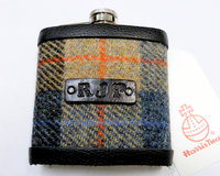 Harris Tweed Hip flask with black leather tag hand embossed initialsin a choice of 30 different  colours unique personalised gift for Christmas, birthday, Best Man