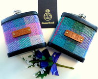Harris Tweed Hip flask with hand embossed initials on brown leather tag in a choice of 30 different  colours unique personalised gift for Christmas, birthday, Best Man