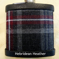 Hebridean Thistle tartan hip flask with thistle and stainless steel tag engraved with personalisation initials, name, date, motto etc. of your choice