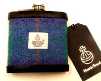 Harris Tweed hip flask in blue, purple and jade plaid