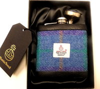 Harris Tweed hip flask in blue, purple and jade plaid