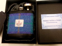 Harris Tweed hip flask in blue, purple and jade plaid