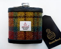 Harris Tweed hip flask Ancient weathered Buchanan colours, yellow green and rose red plaid  made in scotland