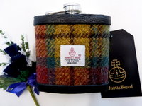 Harris Tweed hip flask Ancient weathered Buchanan colours, yellow green and rose red plaid  made in scotland