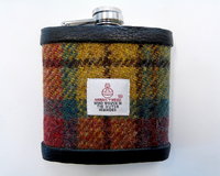 Harris Tweed hip flask Ancient weathered Buchanan colours, yellow green and rose red plaid  made in scotland