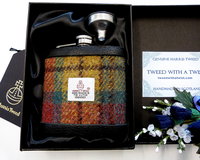 Harris Tweed hip flask Ancient weathered Buchanan colours, yellow green and rose red plaid  made in scotland