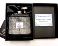 Harris Tweed hip flask in in silver grey, dark grey with blue detail plaid