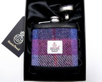 Harris Tweed hip flask in rich purple, red, pink and blue plaid weave