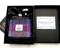 Harris Tweed hip flask in rich purple, red, pink and blue plaid weave