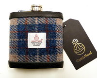 Harris Tweed hip flask in beige, deep blue, burgundy red traditional plaid weave