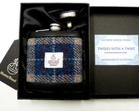 Harris Tweed hip flask in beige, deep blue, burgundy red traditional plaid weave