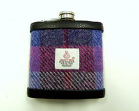 Harris Tweed hip flask in rich purple, red, pink and blue plaid weave