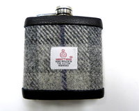 Harris Tweed hip flask in in silver grey, dark grey with blue detail plaid