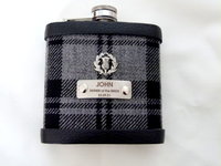 Aberdeen Tartan hip flask with thistle and custom engraved stainless steel tag with any name, date, motto etc.