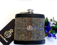 Harris Tweed Hip Flask traditional Herringbone weave with thistle chose colour Scottish gift