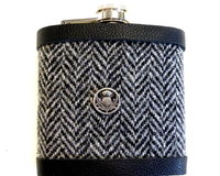 Harris Tweed Hip Flask traditional Herringbone weave with thistle chose colour Scottish gift