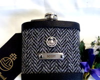 Harris Tweed Hip Flasks traditional Herringbone custom engraved name and thistle Best Man Father of Bride or groomsmen gifts in sets of 3-6