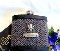 Harris Tweed Hip Flasks traditional Herringbone custom engraved name and thistle Best Man Father of Bride or groomsmen gifts in sets of 3-6