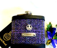 Harris Tweed Hip Flasks traditional Herringbone custom engraved name and thistle Best Man Father of Bride or groomsmen gifts in sets of 3-6