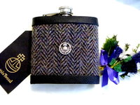 Harris Tweed Hip Flasks traditional Herringbone weaves with thistle Best Man Father of Bride or groomsmen gifts in sets of 3-6