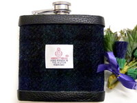 Harris Tweed hip flask in Black Watch Tartan , dark green and blue,  made in scotland  by Tweed with a Twist, an ideal retirement gift ,  best man , groomsman or birthday present