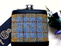 Harris Tweed hip flask in choice of  30 patterns and colours with Orb label handmade in Scotland using handwoven tweed and real leather trim