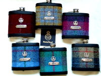 Harris Tweed hip flask with thistle, engraved names, in choice of  30 patterns and colours handmade in Scotland using handwoven tweed and real leather trim