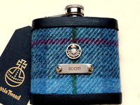 Harris Tweed hip flask with thistle, engraved names, in choice of  30 patterns and colours handmade in Scotland using handwoven tweed and real leather trim