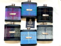 Harris Tweed hip flask with thistle, engraved names, in choice of  30 patterns and colours handmade in Scotland using handwoven tweed and real leather trim