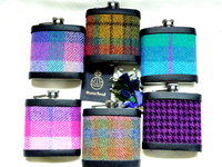 Harris Tweed hip flask in choice of  30 patterns and colours with Orb label handmade in Scotland using handwoven tweed and real leather trim