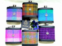 Harris Tweed hip flask with thistle, engraved names, in choice of  30 patterns and colours handmade in Scotland using handwoven tweed and real leather trim