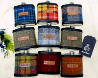 Harris Tweed hip flask Ancient weathered Buchanan colours, yellow green and rose red plaid  made in scotland