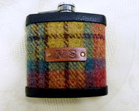 Harris Tweed hip flask Ancient weathered Buchanan colours, yellow green and rose red plaid  made in scotland