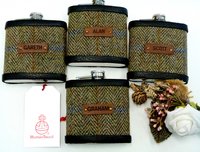 Personalised Groomsman gifts  Harris Tweed hip flasks with individual names on leather labels Scottish luxury gift for wedding  Best Man, Usher, Father of Bride or groom, choice of tweeds.