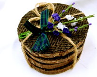 Log slice Harris Tweed rustic drinks coasters, set of four brown herringbone handmade with natural pine wood and pure wool tweed