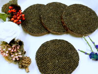 Log slice Harris Tweed rustic drinks coasters, set of four brown herringbone handmade with natural pine wood and pure wool tweed