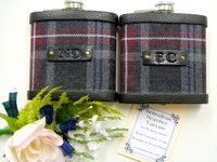 Your Wedding kilt tartan Hip Flasks  with initials embossed on leather labels for Best Man,  Father of Bride or groomsmen, Scottish luxury gift sets of 3-6