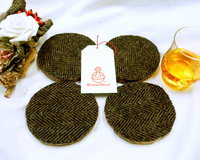 Log slice Harris Tweed rustic drinks coasters, set of four brown herringbone handmade with natural pine wood and pure wool tweed