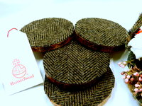 Log slice Harris Tweed rustic drinks coasters, set of four brown herringbone handmade with natural pine wood and pure wool tweed