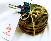 Log slice Harris Tweed rustic drinks coasters, set of four brown herringbone handmade with natural pine wood and pure wool tweed