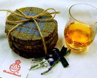 Log slice coasters with Harris Tweed in Blue, mustard yellow and russet plaid, ideal gift handmade in Scotland