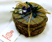Log slice coasters with Harris Tweed in Blue, mustard yellow and russet plaid, ideal gift handmade in Scotland