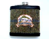 Harris Tweed hip flask embellished Gone Fishing, fisherman's gift, ideal for Dad, Father's Day, birthday, Christmas.