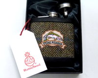 Harris Tweed hip flask embellished Gone Fishing, fisherman's gift, ideal for Dad, Father's Day, birthday, Christmas.