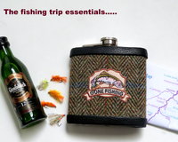 Harris Tweed hip flask embellished Gone Fishing, fisherman's gift, ideal for Dad, Father's Day, birthday, Christmas.